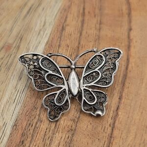 Antique Victorian Fine Silver 800 or 925 Butterfly Filigree Brooch